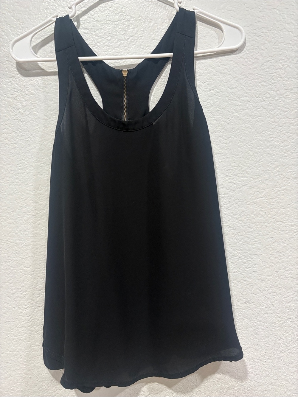 Express Black Chiffon Racerback Tank with Gold Zip